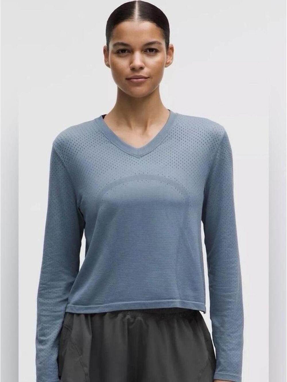 Lululemon Swiftly Open-Hole V-Neck Long Sleeve Shirt Steel Blue Size 14 NWT